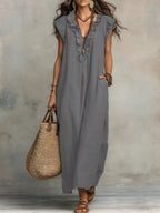 Plush Fashion Hub ruffled V-neck maxi dress with flowing fabric and elegant design, perfect for summer or special occasions.