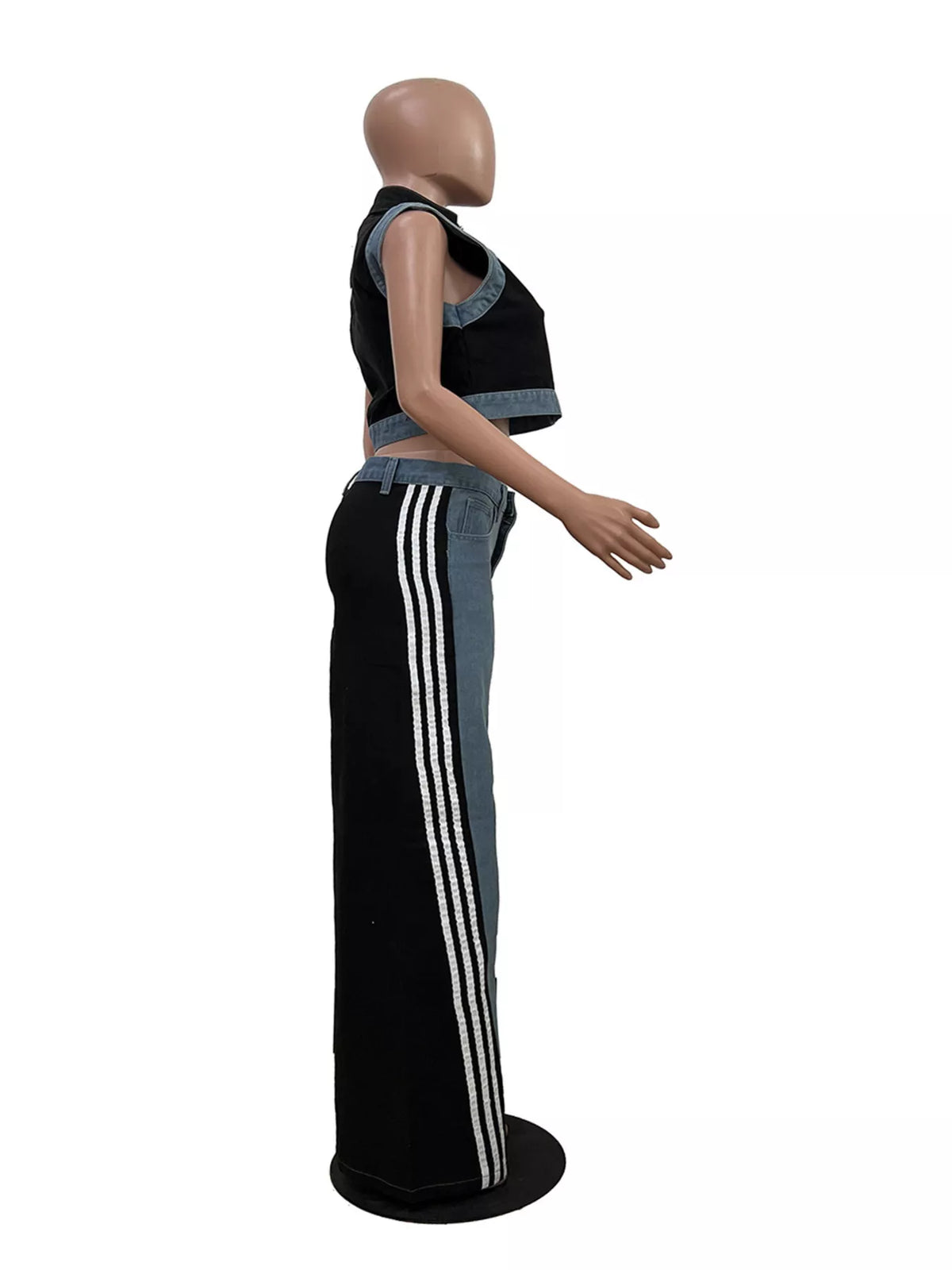 Zip front crop top and striped pants set by Plush Fashion Hub, featuring a stylish two-piece ensemble with a crop top and matching striped pants.
