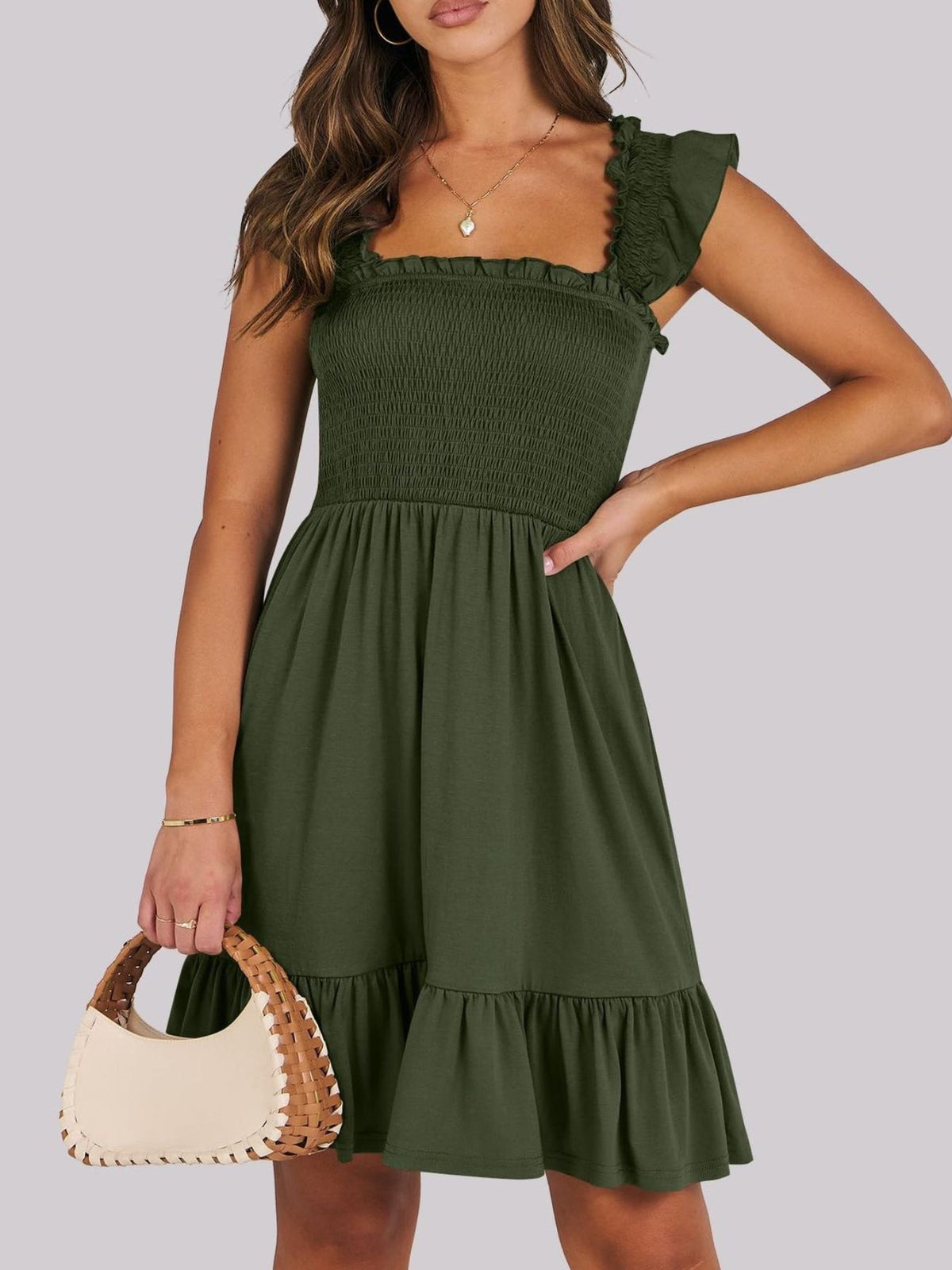 Women's lightweight summer dress with smocked bodice and ruffle hem by Plush Fashion Hub, casual mini dress perfect for warm weather.