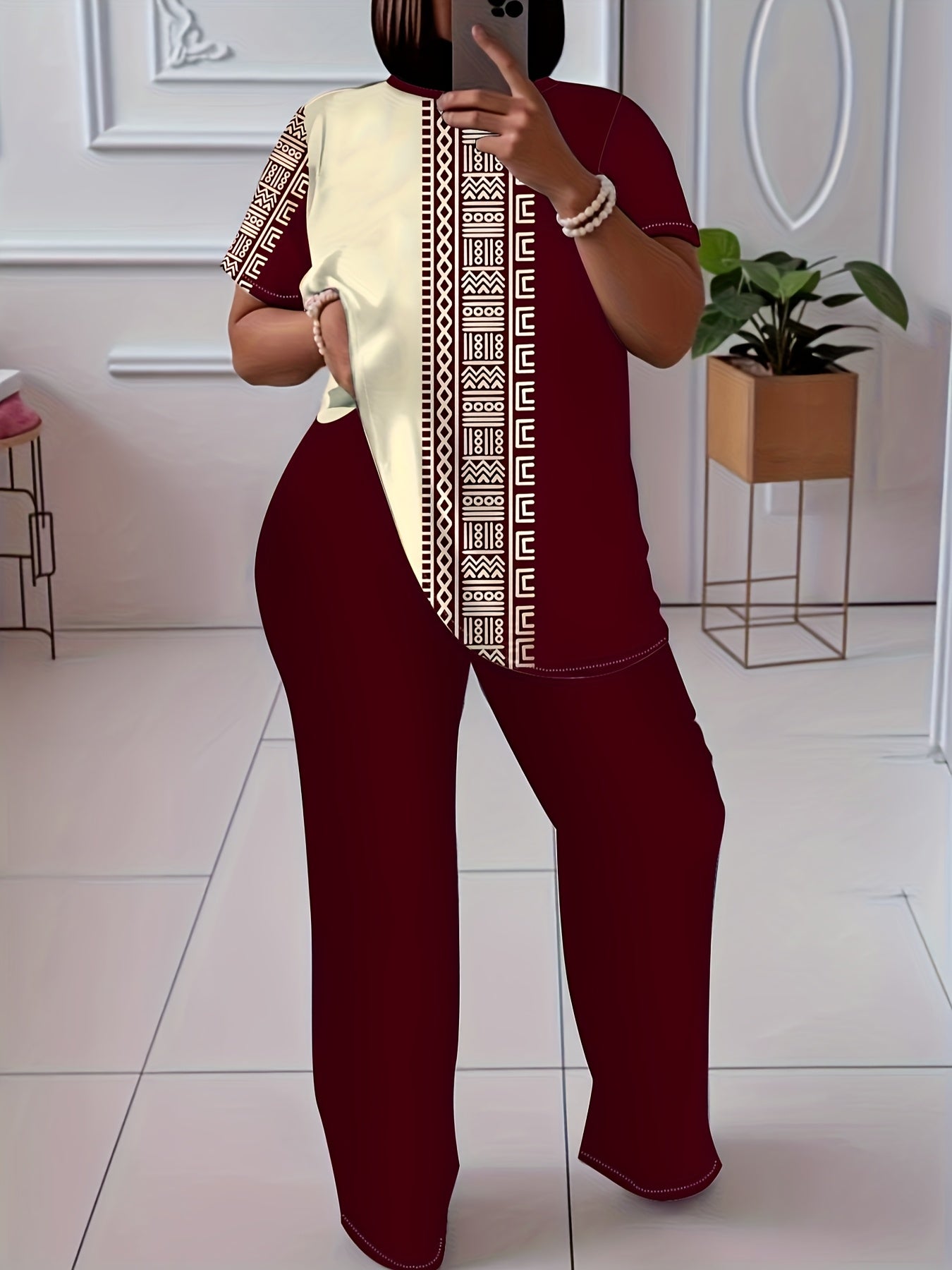 Plus size ethnic print casual two-piece outfit for women, featuring vibrant patterns and comfortable fit from Trendy Attic Store01.