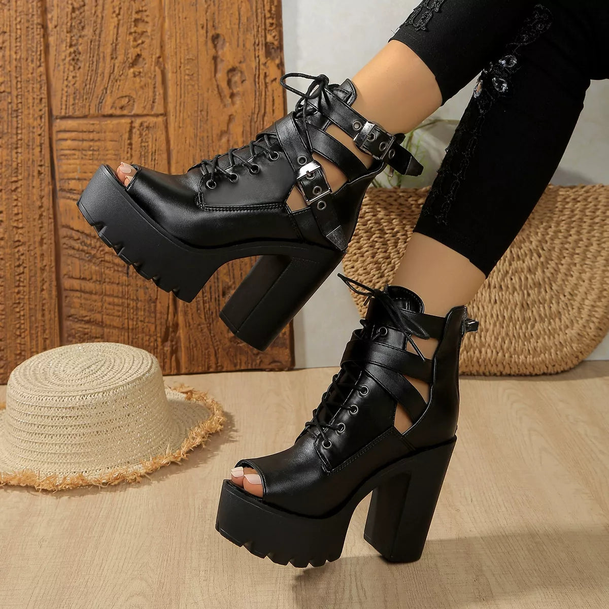 Plush Fashion Hub lace-up block heel sandals with open toe design and stylish ankle straps on a neutral background.