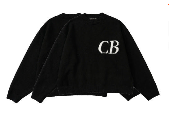Unisex Casual Oversized CB Letter Knit Crew Neck Sweater
