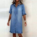 Women's faux denim ruffle-sleeve shirt dress by FitiqueFit, casualwear with ruffled sleeves and button-front design.