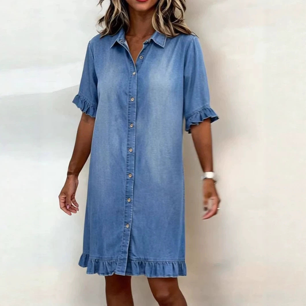Women's faux denim ruffle-sleeve shirt dress by FitiqueFit, casualwear with ruffled sleeves and button-front design.