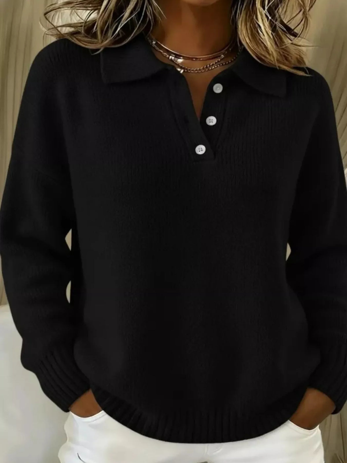Plus size Trendsi sweater with button details and dropped shoulders, showcasing a cozy, full-size knit design.