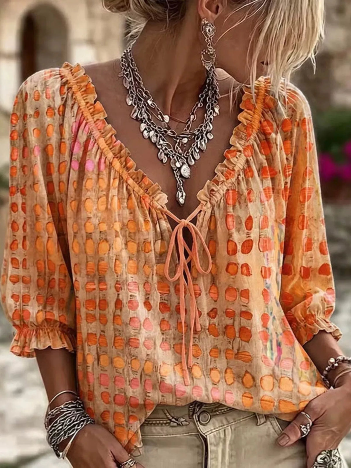 Plus size Trendsi blouse with tie neckline and 3/4 sleeves, stylish full-size women's blouse in soft fabric.