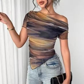 Women’s tie-dye one-shoulder mesh ruched top by FitiqueFit, casualwear asymmetrical stretch tee ideal for going out.