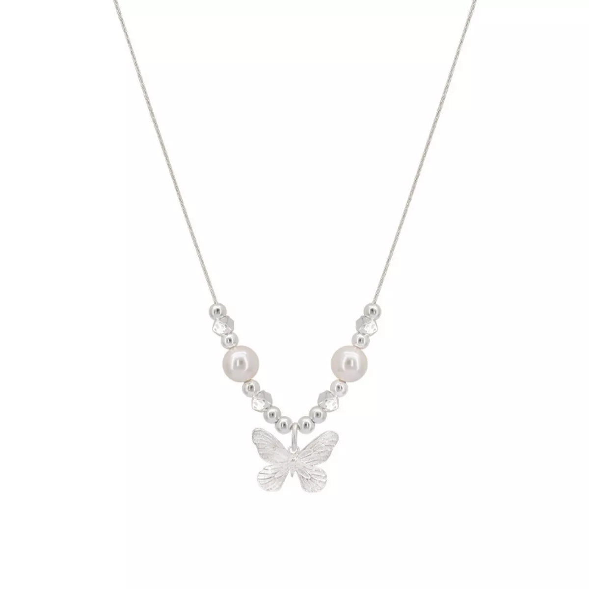Elegant butterfly pearl pendant necklace featuring a delicate pearl and butterfly charm, perfect for sophisticated jewelry styles.