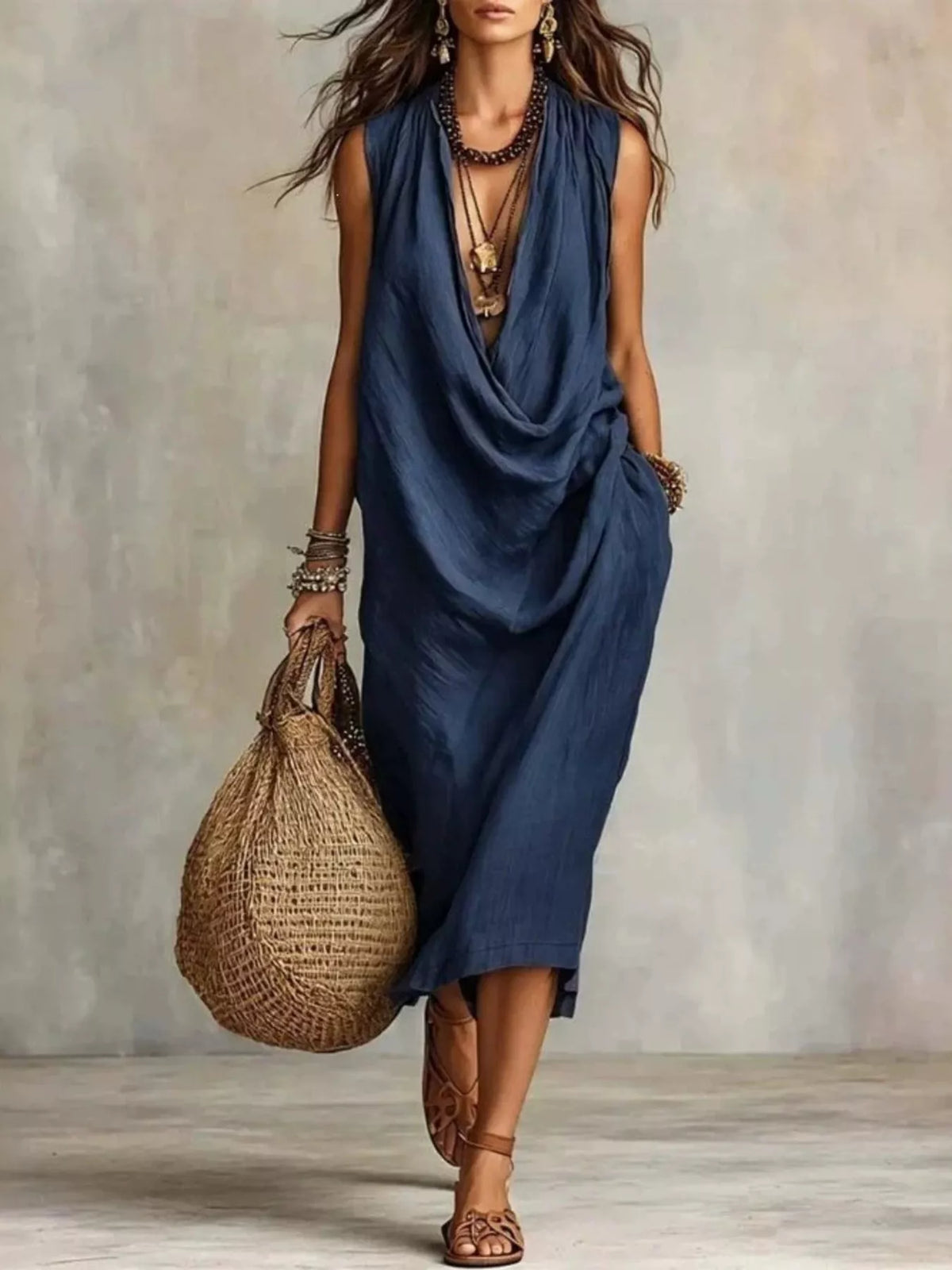 Plus size sleeveless cowl neck midi dress by Trendsi, featuring a flowing silhouette and elegant design in a full-size option.