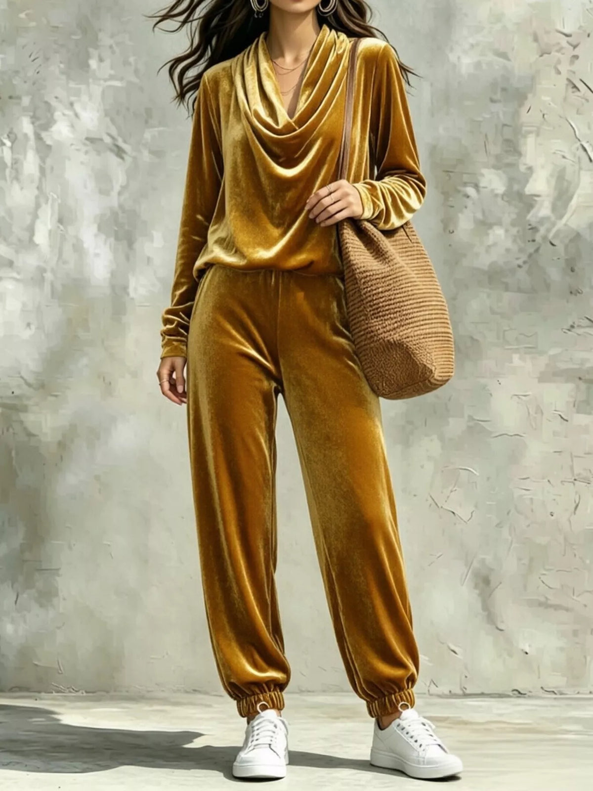 Women’s cowl neck top and joggers set by Trendsi, featuring a cozy, stylish matching outfit with soft fabric and relaxed fit.