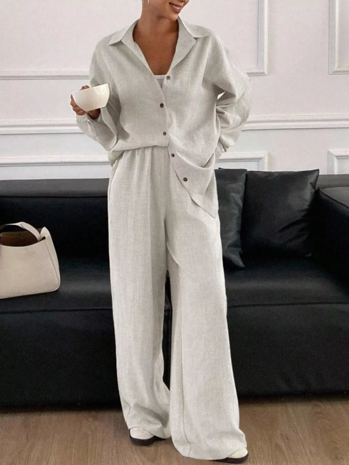Trendsi long sleeve button-up shirt and wide-leg pants set, stylish casual outfit with tailored fit and comfortable fabric.