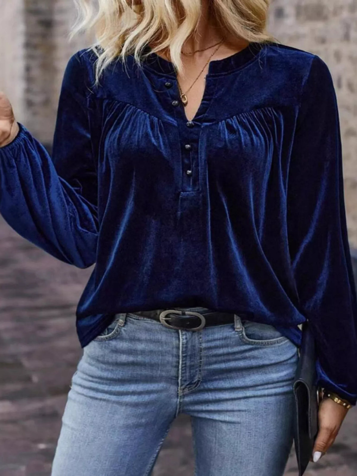 Simply Love velvet notched long sleeve blouse with a tailored fit, featuring a stylish notch design and elegant long sleeves.