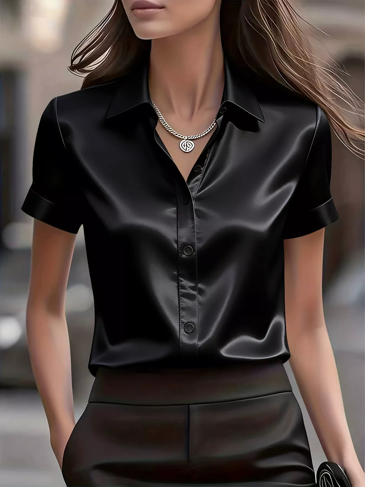 Plush Fashion Hub satin short-sleeve shirt with a sleek, smooth fabric and stylish design, perfect for casual or semi-formal wear.