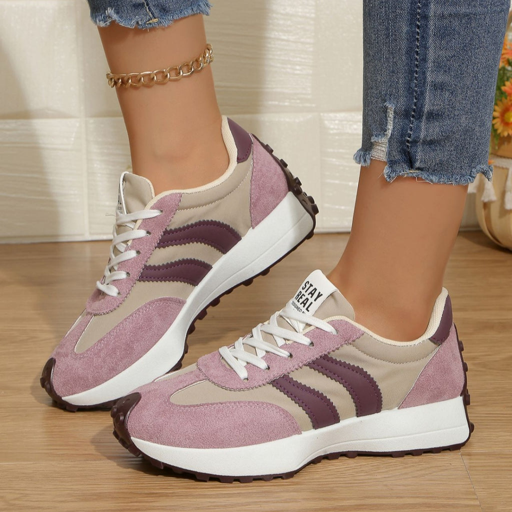 Women's round toe lace-up flat casual sneakers by Trendsi with comfortable PU leather upper and stylish design.