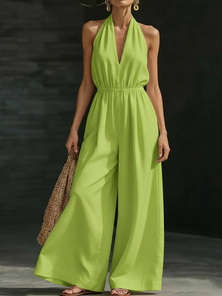 Women’s V-neck halter neck wide-leg jumpsuit by FitiqueFit, casualwear, shown in a stylish, comfortable design for women.