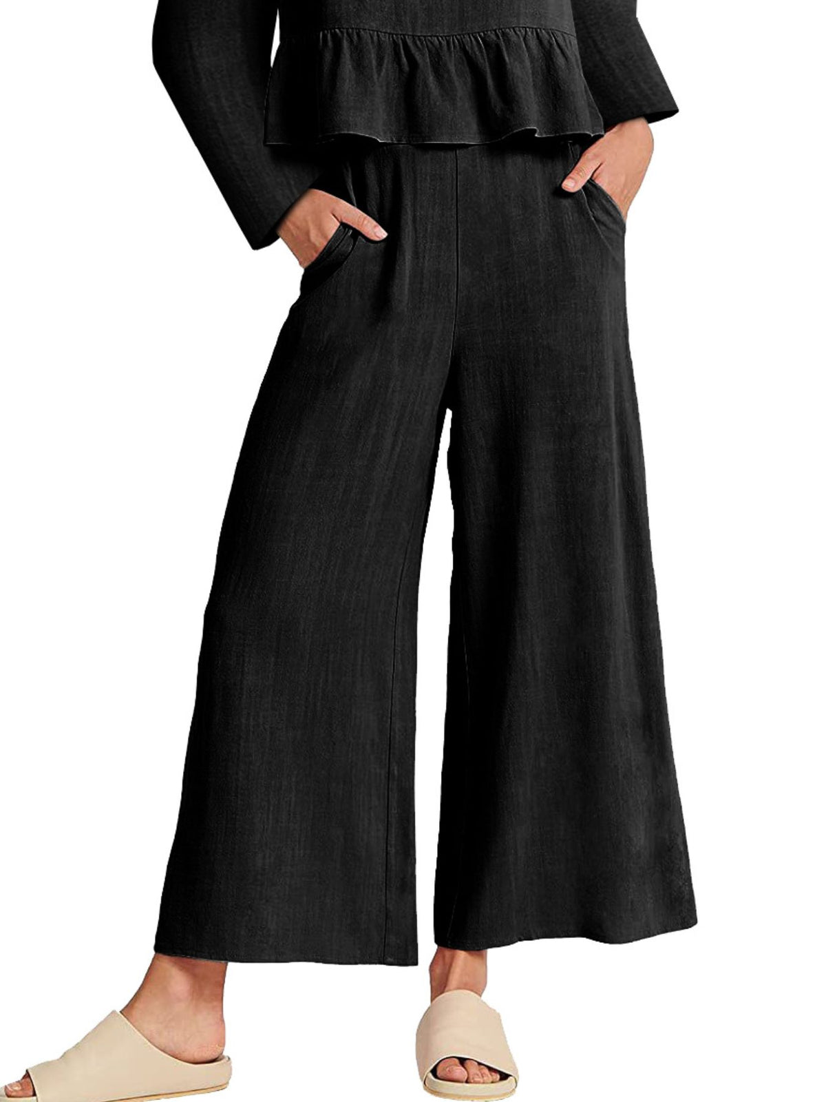 Women's long sleeve ruffled hem top and pants lounge set with pockets, from Plush Fashion Hub, casual 2-piece sleepwear ensemble.
