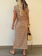 Women's striped maxi T-shirt dress with short sleeves and side slit, casual and comfortable from Trendsi.