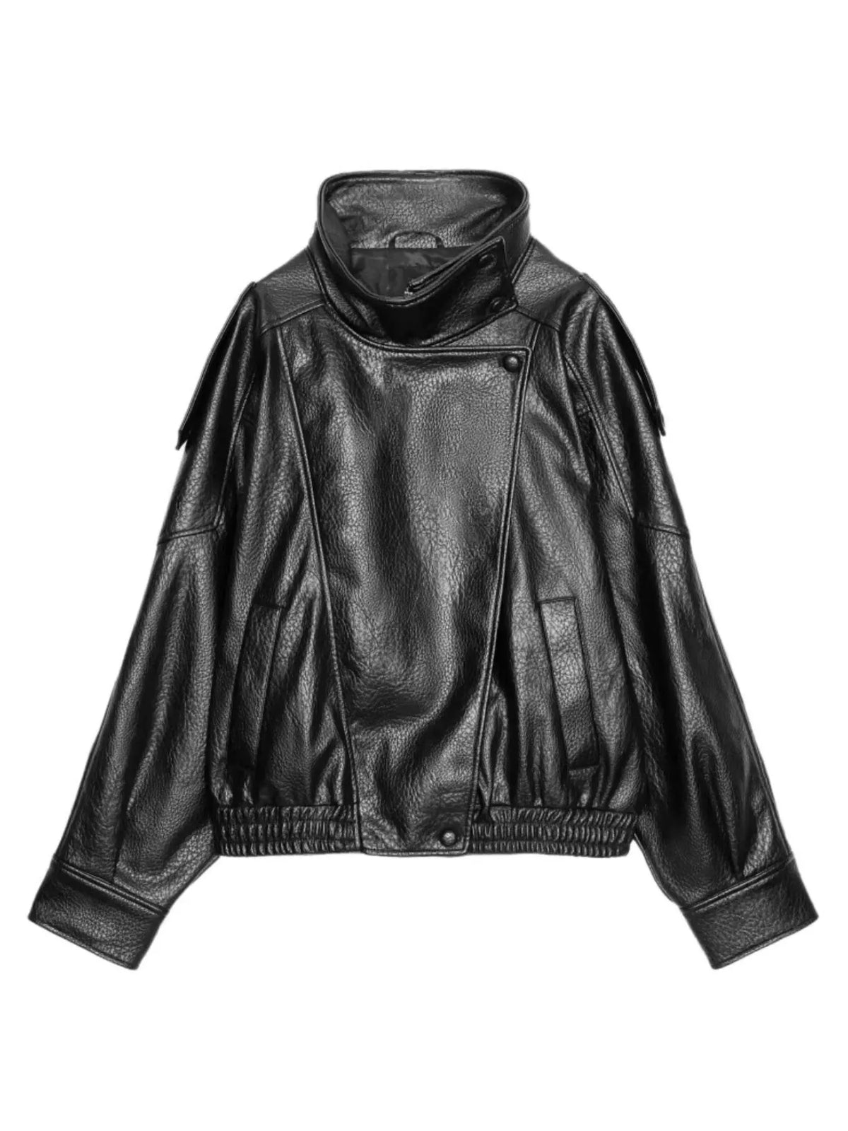 Trendsi asymmetrical faux leather women's moto jacket with stylish design and modern fit, shown from the front.