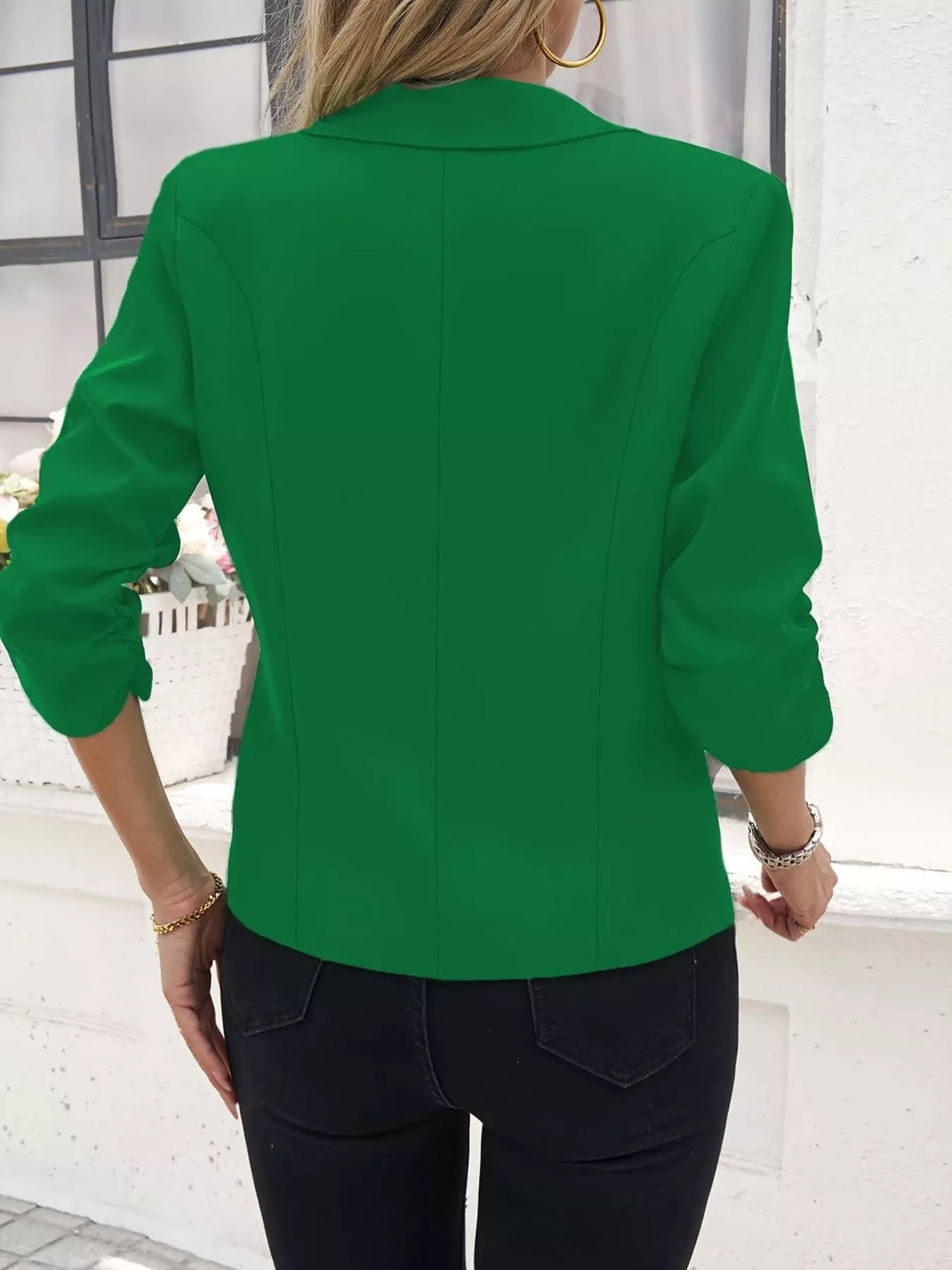 Plus size casual blazer with one button, lapel collar, from Trendsi, shown in a full size, stylish and comfortable for everyday wear.