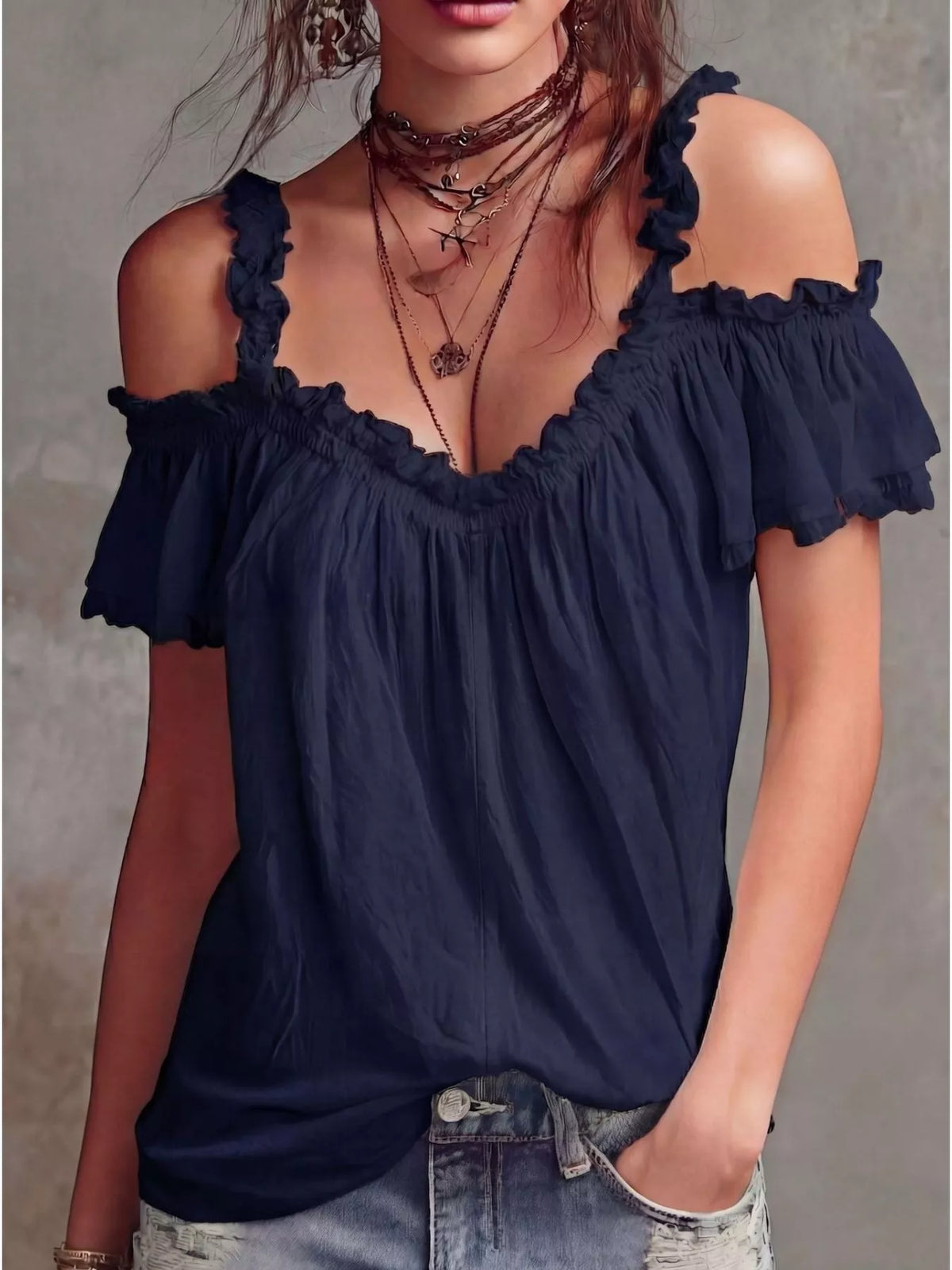 Plush Fashion Hub frill cold shoulder blouse with ruffled sleeves and lightweight fabric, perfect for casual and semi-formal wear.