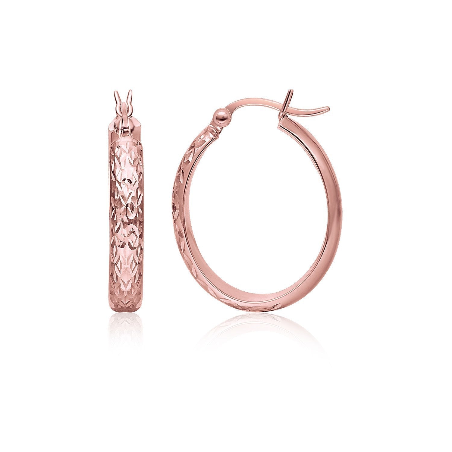 14k rose gold hammered oval hoop earrings with a stylish, textured finish, designed for a chic and modern look.