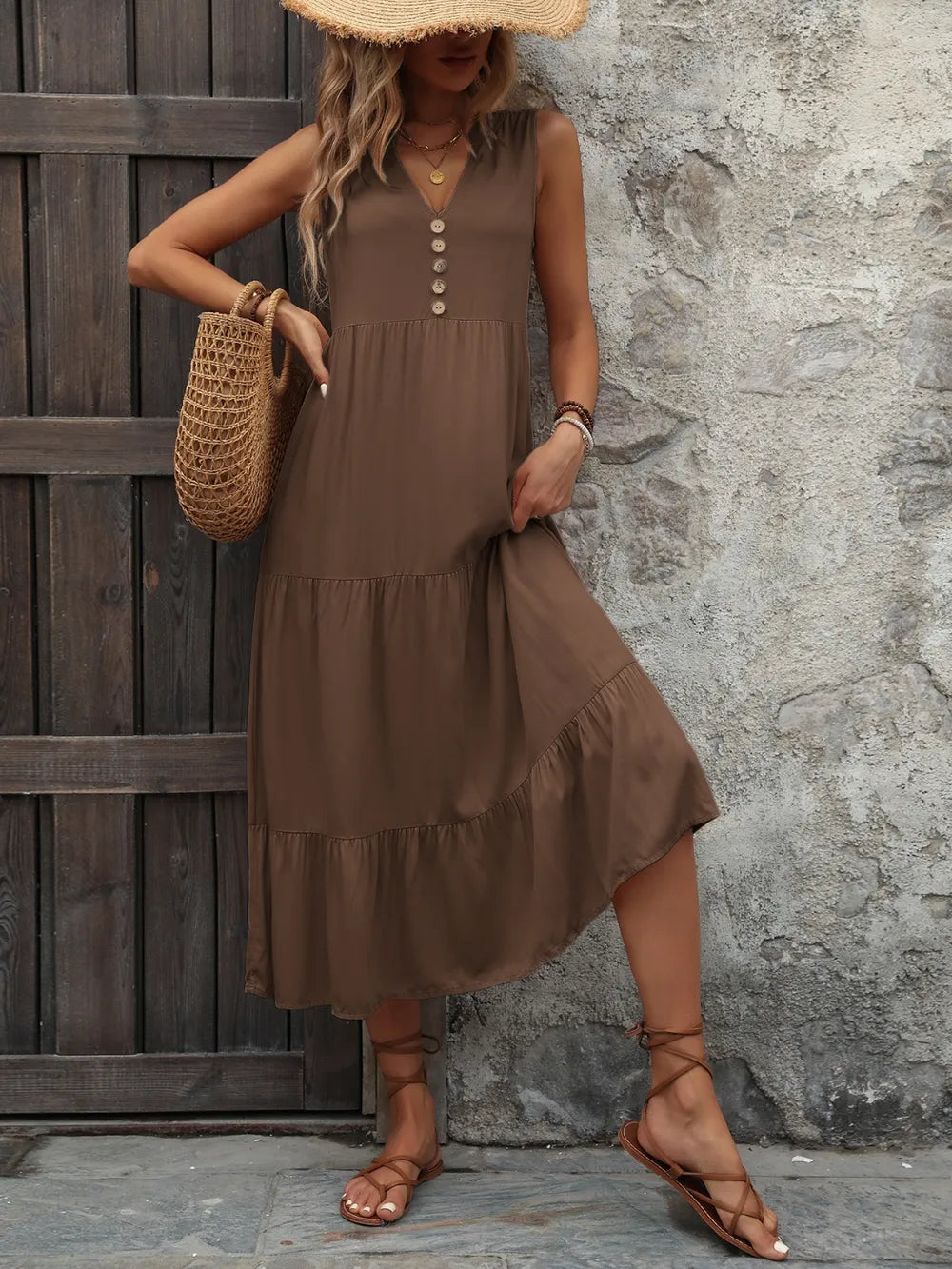 Plush Fashion Hub Ivy Lane women’s sleeveless cotton dress with notched neck and button-down front, perfect for casual summer wear.