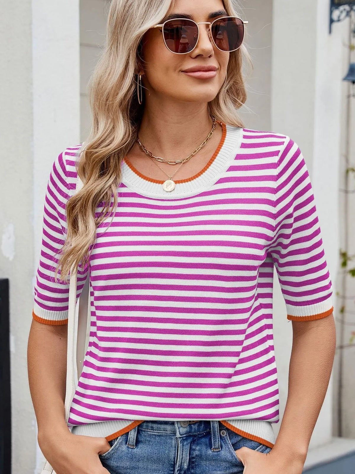 Striped casual T-shirt with contrast trim from Plush Fashion Hub, showcasing a comfortable, stylish top with bold stripe pattern.