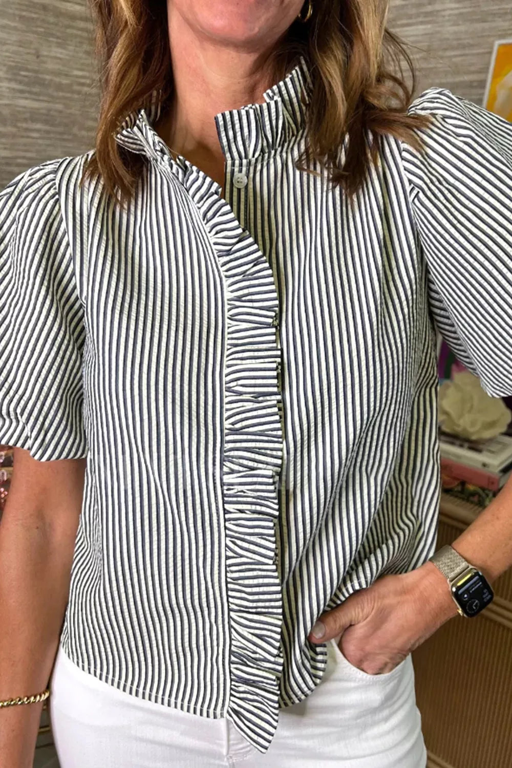 Striped ruffle short bubble sleeve shirt by Plush Fashion Hub, featuring a stylish design with ruffles and short puffed sleeves.