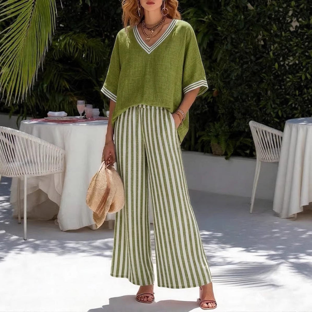 Women's striped tunic top and casual trousers two-piece set by FitiqueFit, featuring a comfortable, stylish casualwear ensemble.