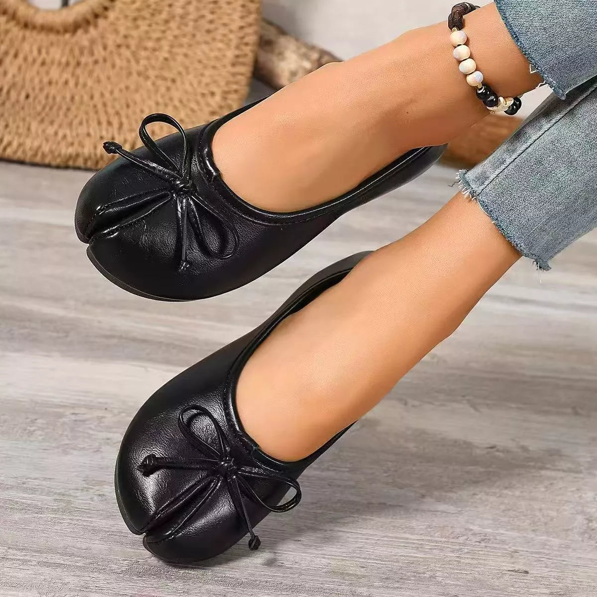 Plush Fashion Hub bow decor split toe slip-on shoes featuring stylish design and comfortable fit, perfect for casual wear.