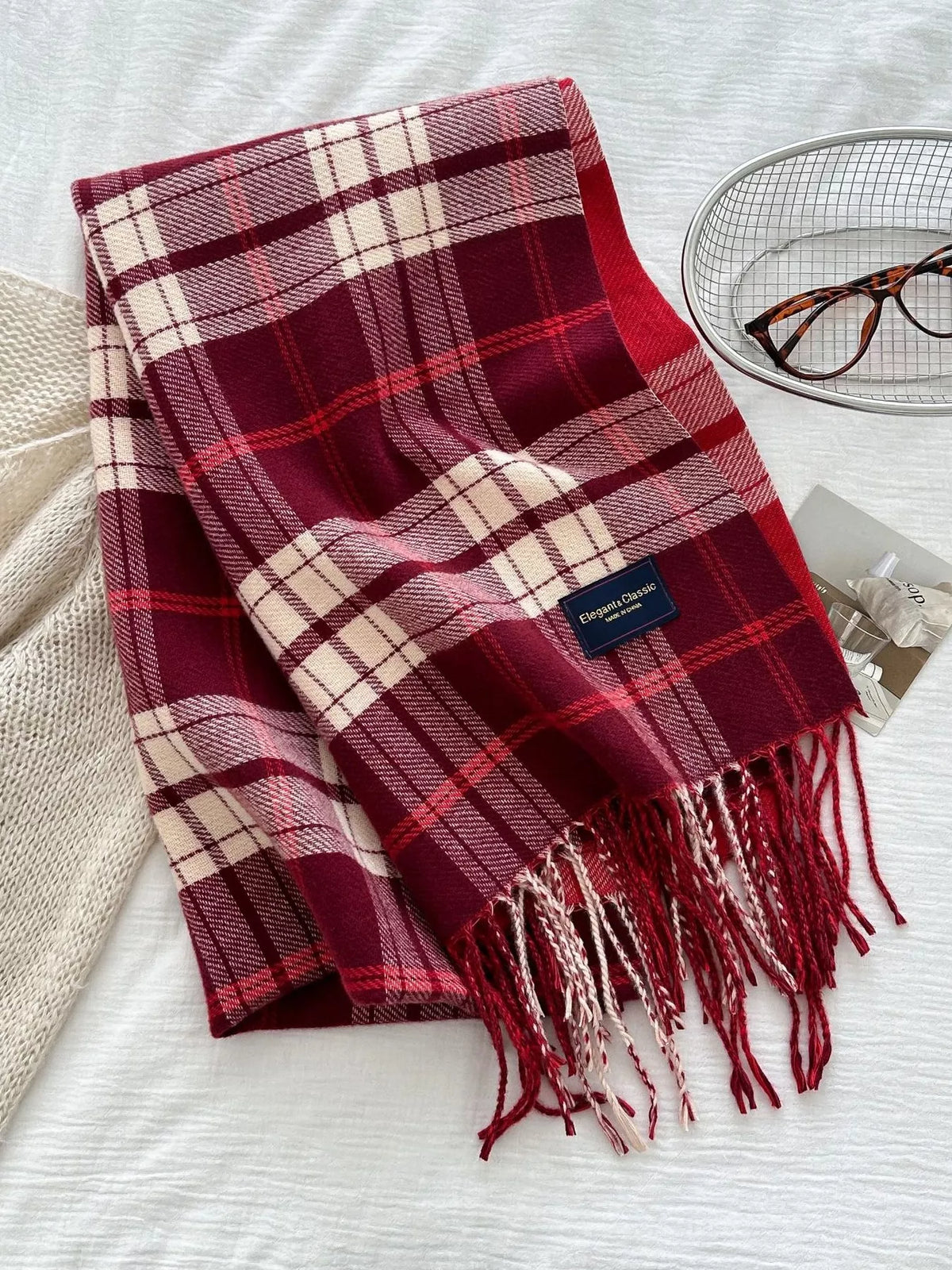 Simply Love classic plaid scarf with fringed edges, featuring a stylish plaid pattern in various colors.