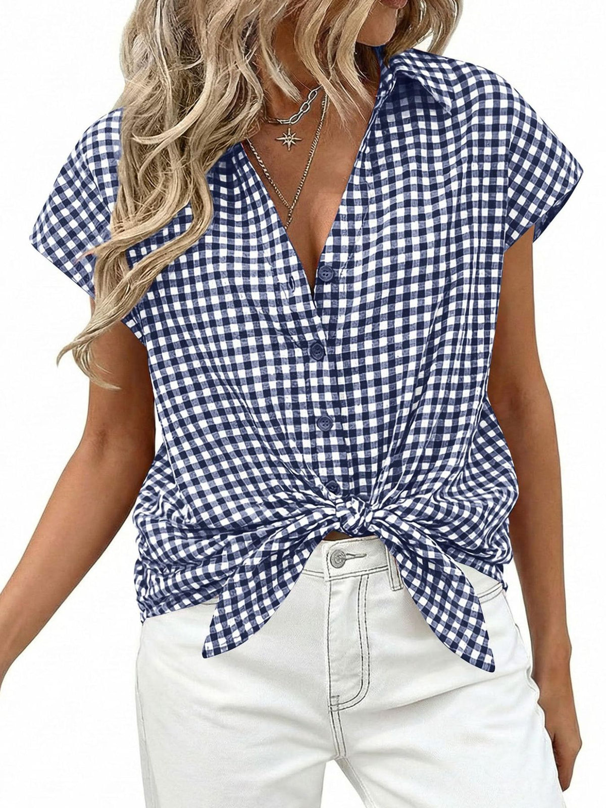 Women's gingham print button-down shirt with tie detail by Plush Fashion Hub, featuring classic design and stylish collar.