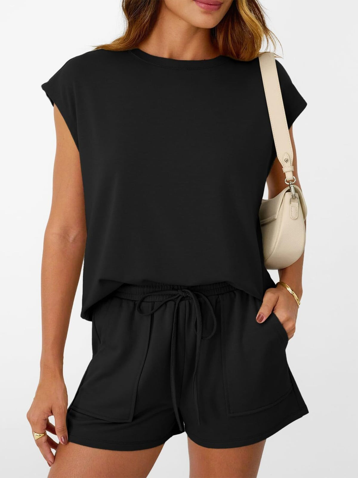 Soft round neck women's lounge set with cap sleeves and drawstring shorts, stylish 2-piece from Plush Fashion Hub.