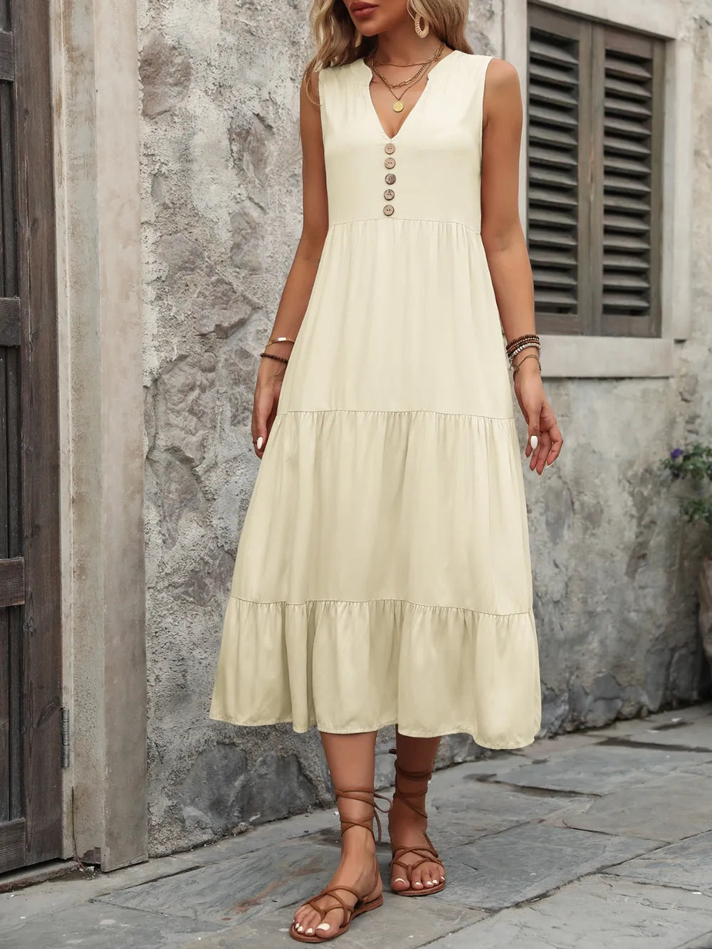 Ivy Lane women's sleeveless button-down dress with notched neckline, made of 100% cotton, in a stylish, casual design.