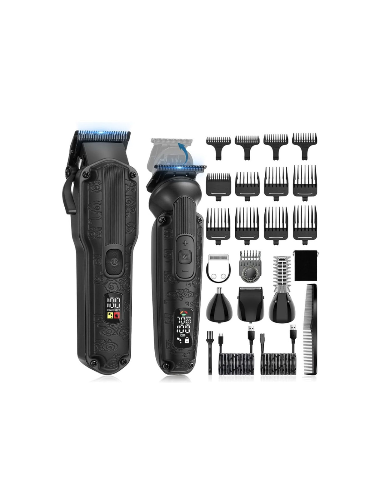 Professional 19-piece LED display hair clipper and grooming kit for men, featuring various attachments and a sleek design.