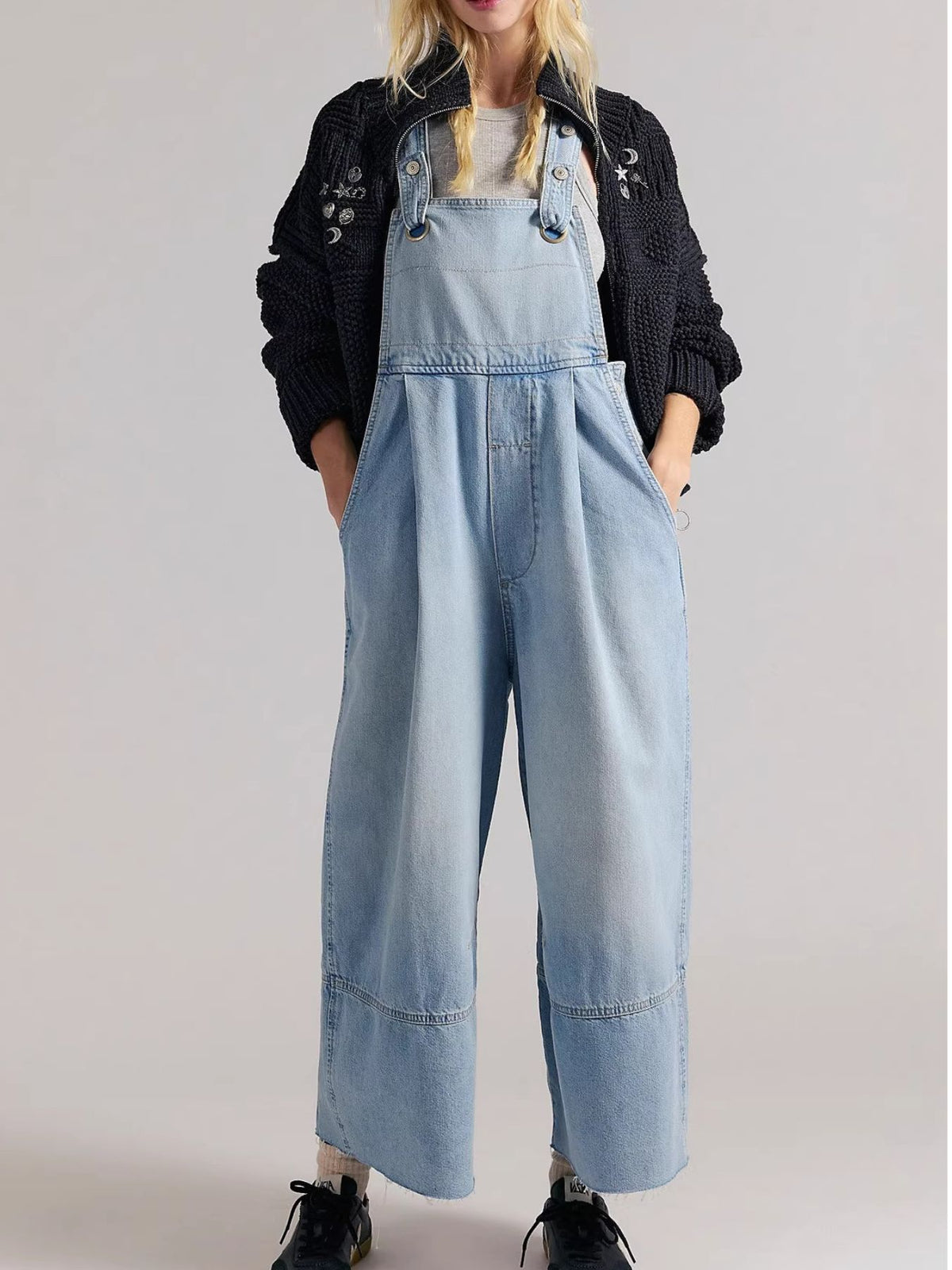 Lightweight casual denim jumpsuit with raw hem and wide leg from Plush Fashion Hub, featuring classic overalls style.