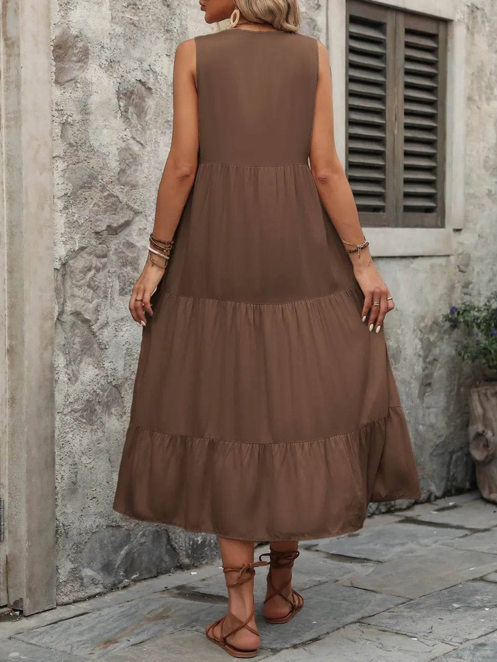 Plush Fashion Hub Ivy Lane women's sleeveless cotton dress with notched neckline and button-down front, perfect for warm weather.