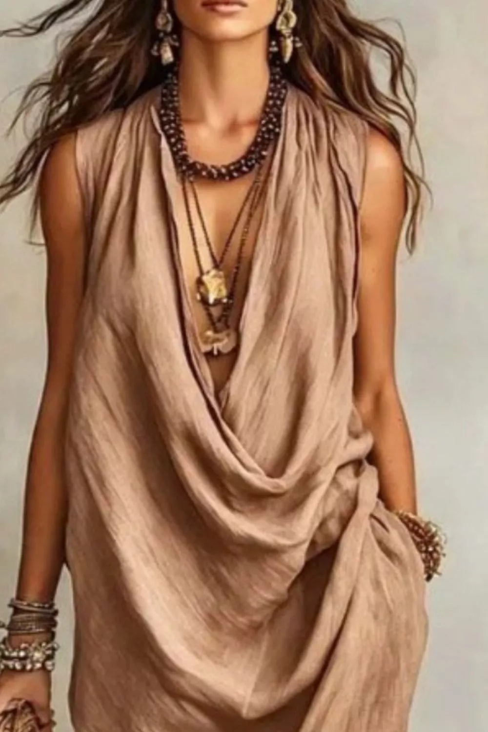 Sleeveless drape neck midi dress by Plush Fashion Hub, featuring a flowing silhouette and elegant design in soft fabric.