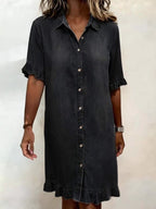 Women's faux denim ruffle-sleeve shirt dress by FitiqueFit, casualwear featuring ruffled sleeves and button-front design.