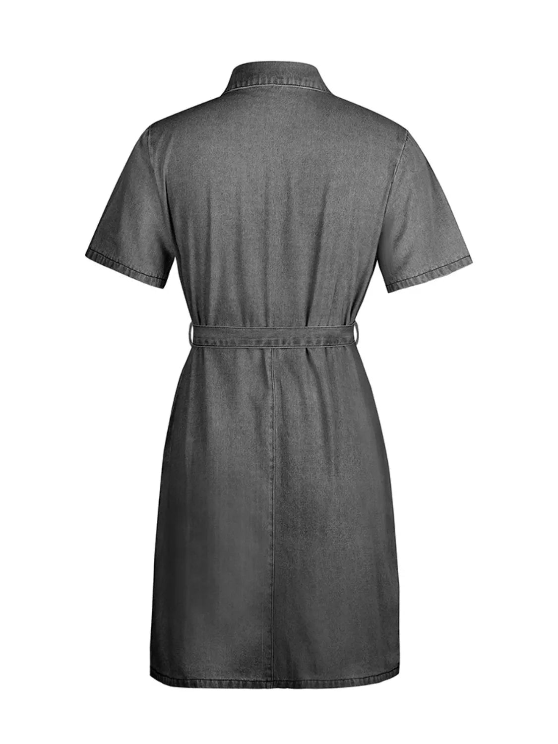 Plus size short sleeve denim dress with full zip front from Plush Fashion Hub, featuring a casual, stylish look.