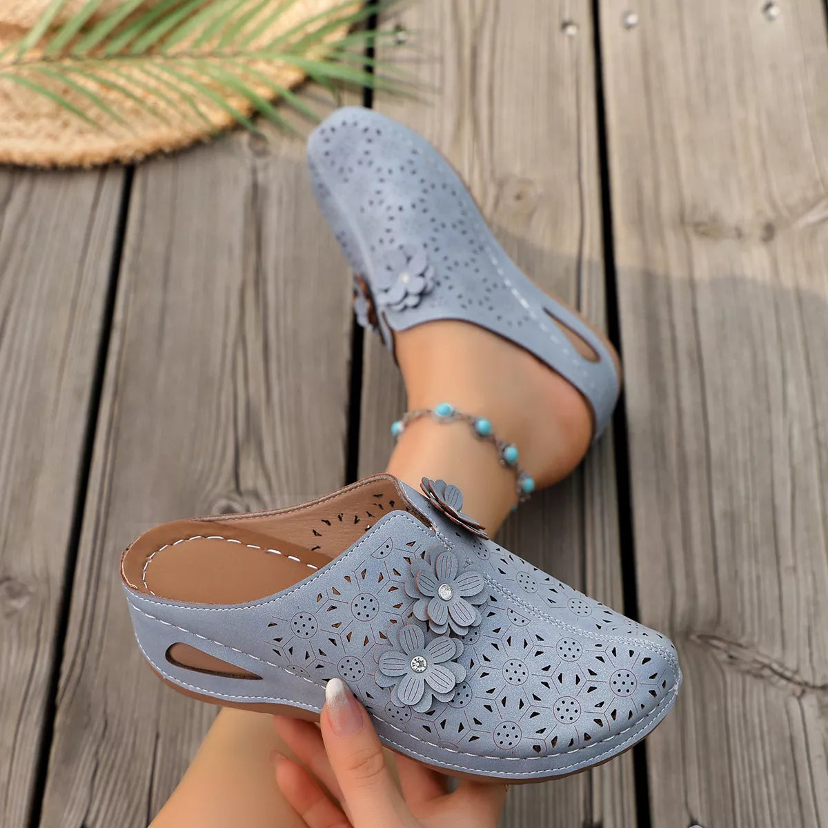 Plush Fashion Hub floral decor round toe sandals with colorful flower embellishments and comfortable slip-on design.
