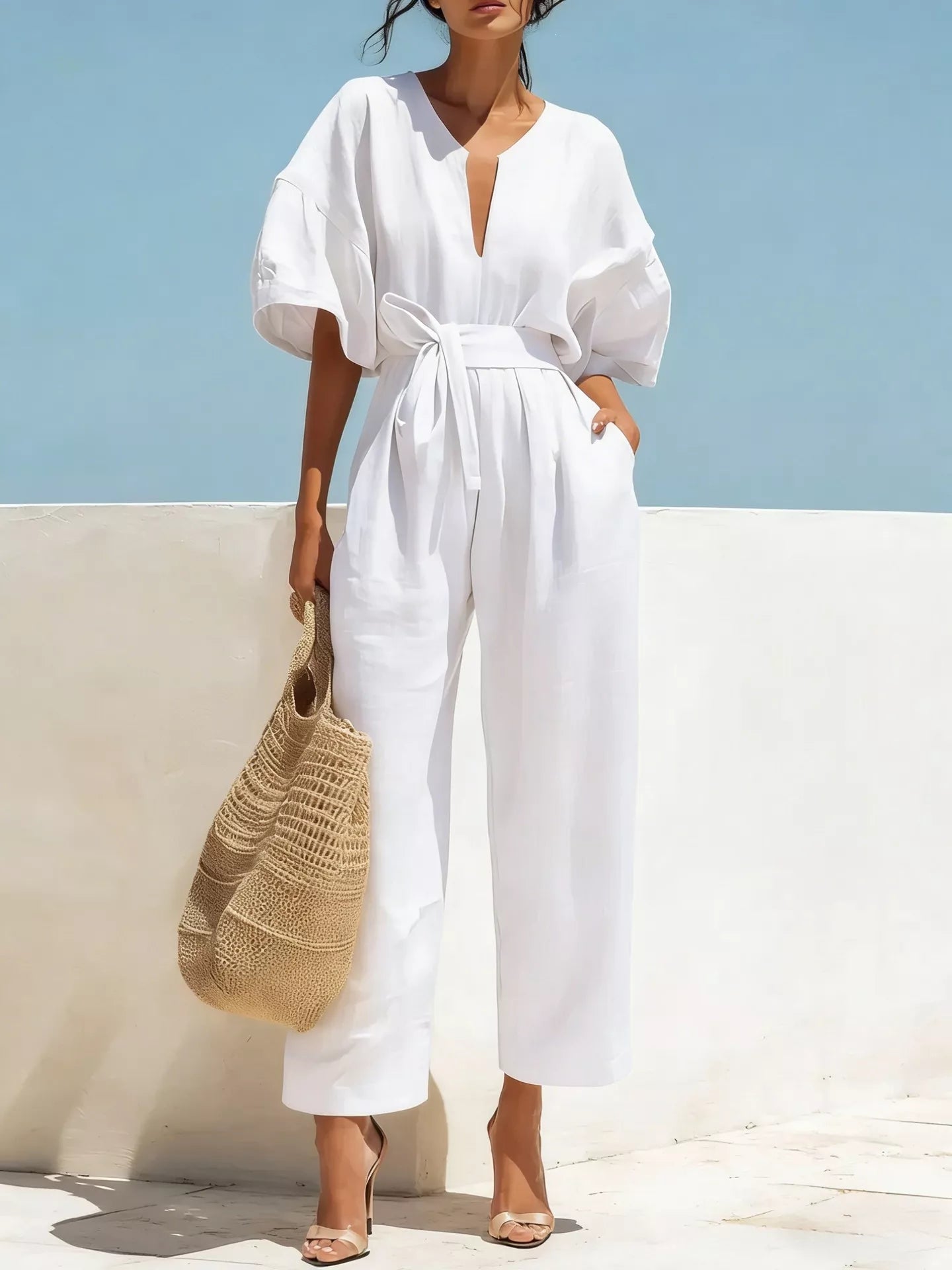 Trendsi tie waist wide-leg bodysuit featuring a fitted top with a flattering waist tie and flowing wide-leg pants.
