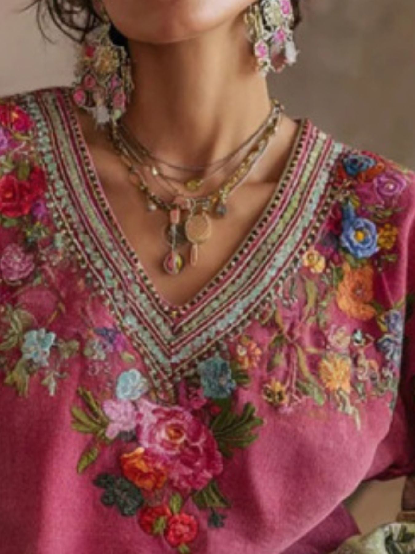 Plus size floral embroidered V-neck blouse by Trendsi featuring elegant embroidery and a stylish fit for women's fashion.
