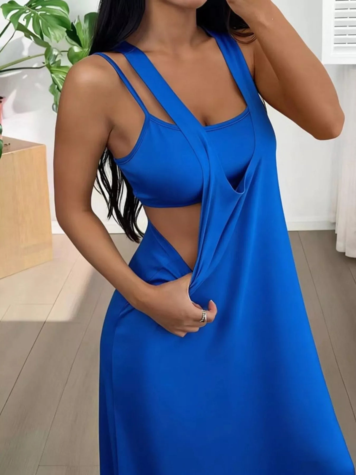 Plush Fashion Hub scoop neck cami and maxi dress set, two-piece outfit with a fitted cami and flowing maxi dress in soft fabric.