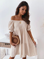 FitiqueFit casual one-word collar mid dress with puff sleeves and a wrinkle-resistant fabric, perfect for everyday wear.