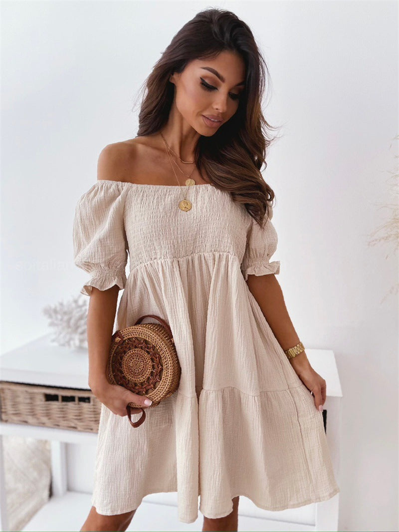 FitiqueFit casual one-word collar mid dress with puff sleeves and a wrinkle-resistant fabric, perfect for everyday wear.