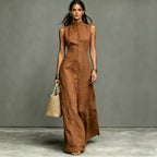 Women's sleeveless midi dress with stand collar and single-breasted design by FitiqueFit, perfect for casual wear.