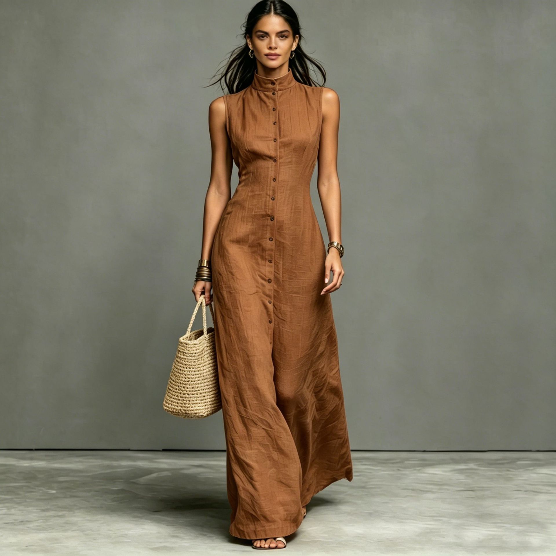 Women's sleeveless midi dress with stand collar and single-breasted design by FitiqueFit, perfect for casual wear.