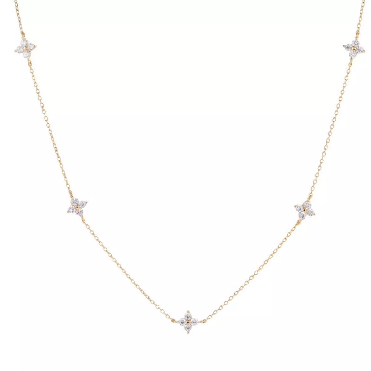Sterling silver clover charm necklace featuring a delicate four-leaf clover pendant on a fine chain.