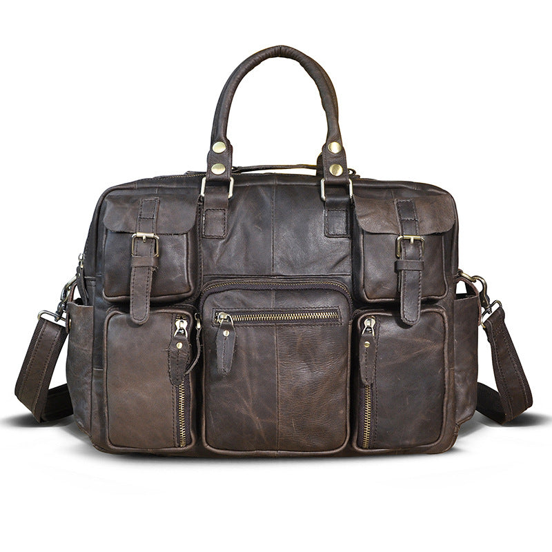 Pi-Mart men's cowhide briefcase with a 16-inch large capacity, made of durable first layer cowhide leather, ideal for professionals